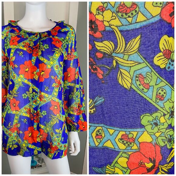 Vintage 70s Lanz Novelty Mushroom Butterfly Poppies Bee Sheer Blouse Tunic Shirt - Picture 1 of 13